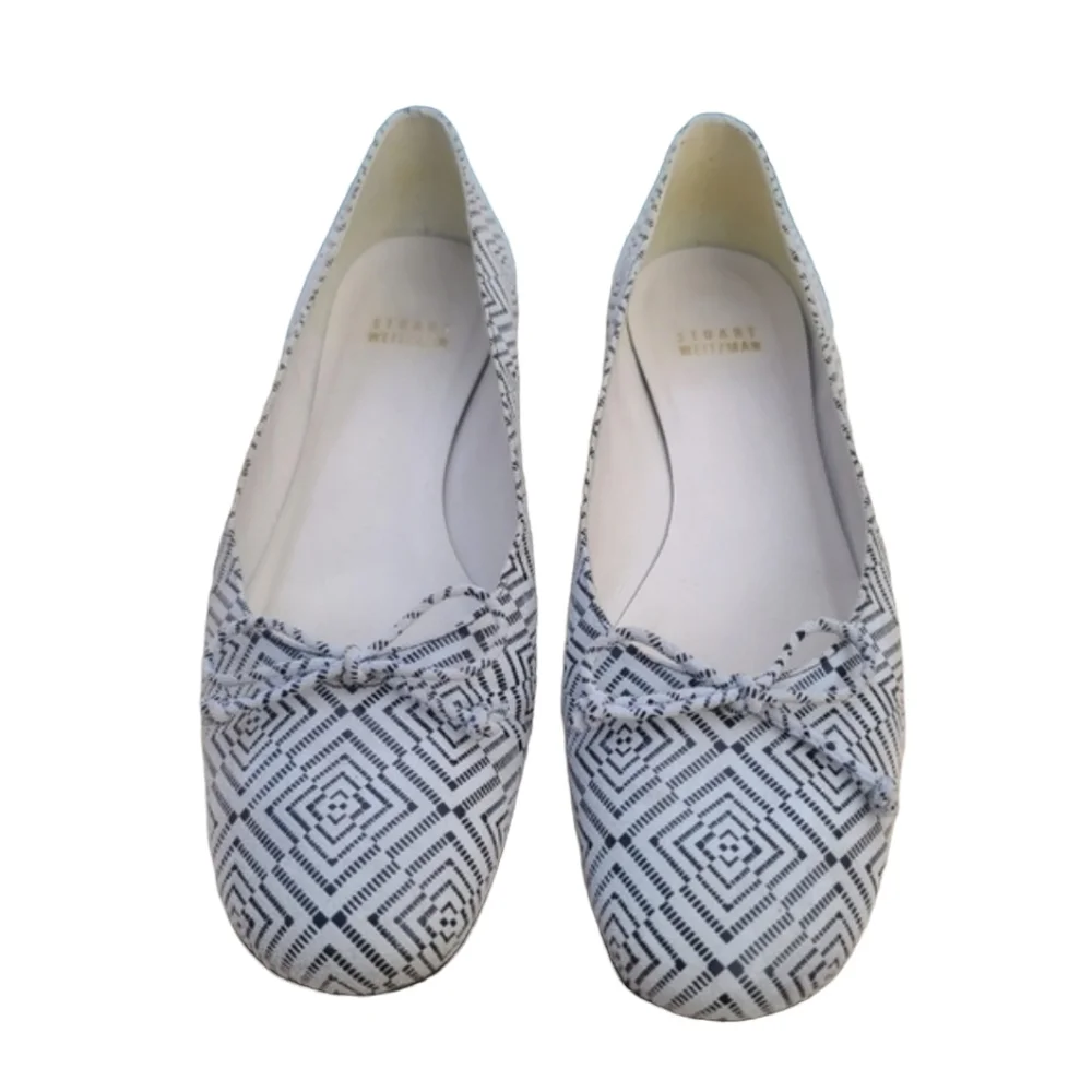 STUART WEITZMAN Leather Ballet Flats 8 Geometric Bows Stone Suede Rare